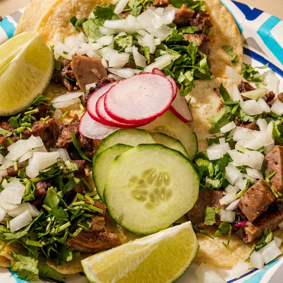 Three street tacos with meat, cilantro, onions, radishes, cucumbers, and lime wedges on a paper plate.