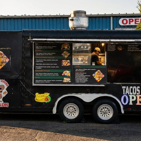 Black food truck, "Tacos El Guero," with a chef inside, menu boards, and an "OPEN" sign.