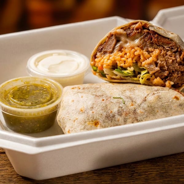 Two burritos, one cut open to show meat, rice, and lettuce, with two sauce containers in a takeout box.