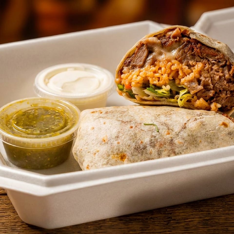 Two burritos, one cut open to show meat, rice, and lettuce, with two sauce cups in a takeout container.