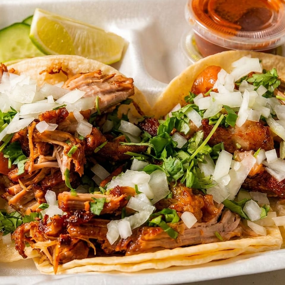 Two carnitas tacos topped with cilantro and diced onions, served with lime, cucumber, and salsa.